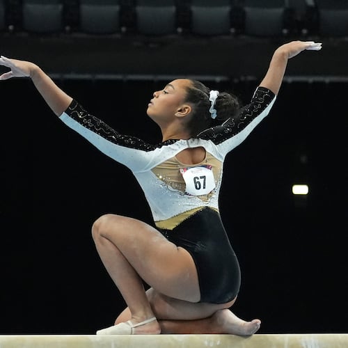 Hezly Rivera competes in the women's balance beam during the U.S. Gymnastics Championships, Sunday, Aug. 9, 2026, in Phoenix. (AP Photo/Ross D. Franklin)