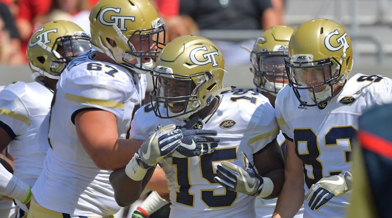 Georgia Tech running back Jerry Howard (15) celebrates after he made a touchdown in the second half of the Georgia Tech home opener at Bobby Dodd Stadium on Saturday, September 9, 2017. Georgia Tech won 37-10 over the Jacksonville State. HYOSUB SHIN / HSHIN@AJC.COM