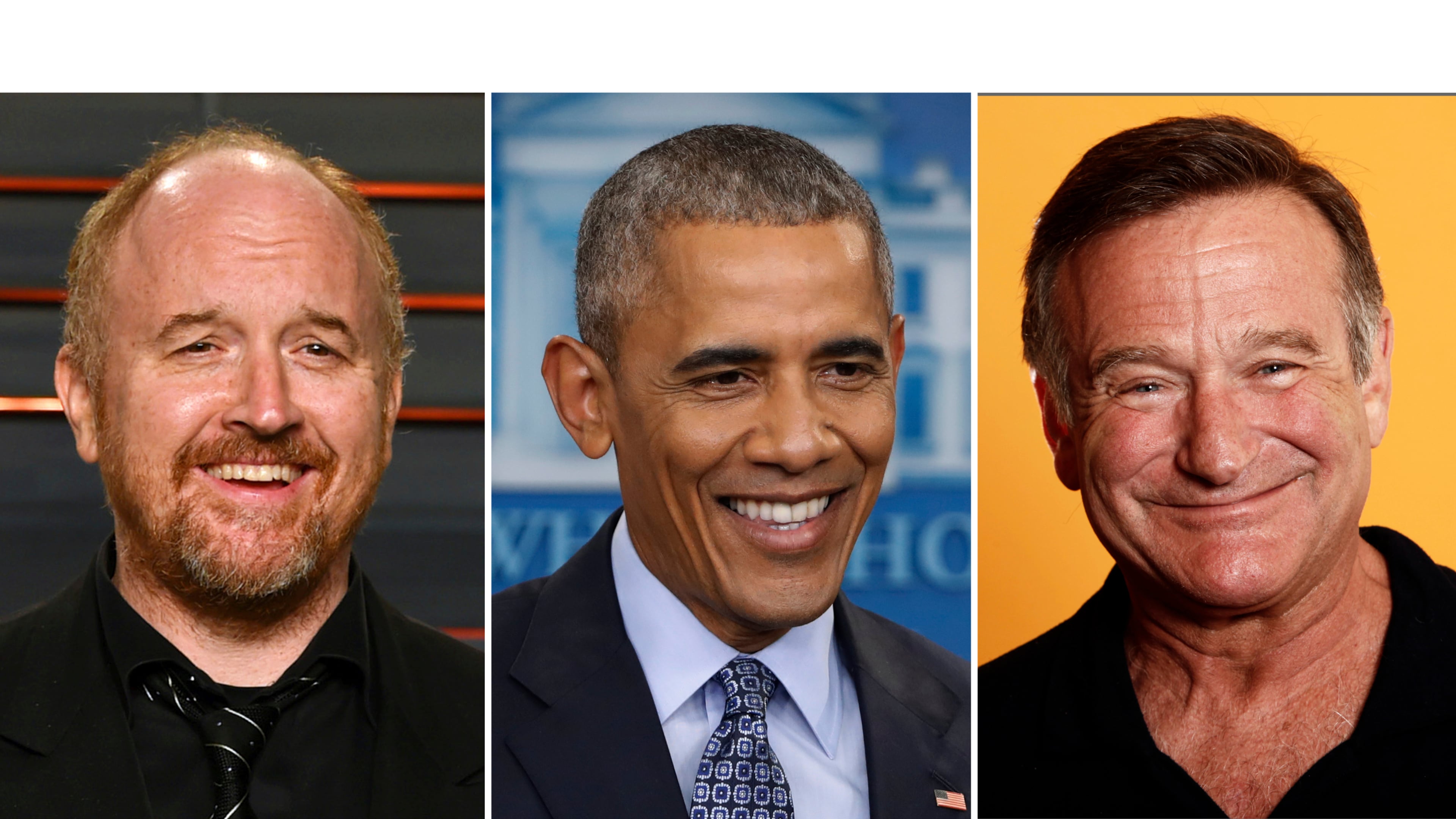 This combination of photos show, from left, writer-comedian Louis C.K., President Barack Obama, and actor-comedian Robin Williams. (AP Photo)