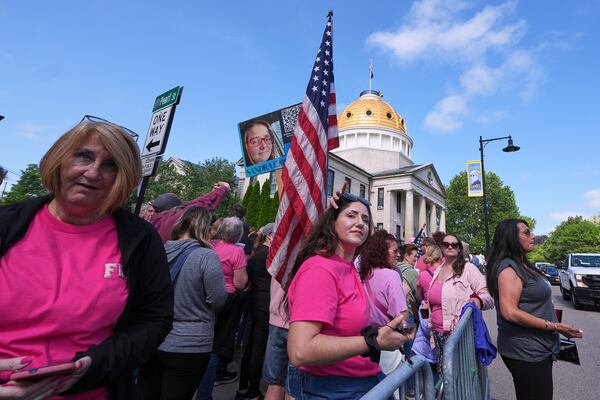 Supporters gather outside Norfolk Superior Court during the Karen Read trial, Monday, June 16, 2025, in Dedham, Mass. (AP Photo/Charles Krupa)