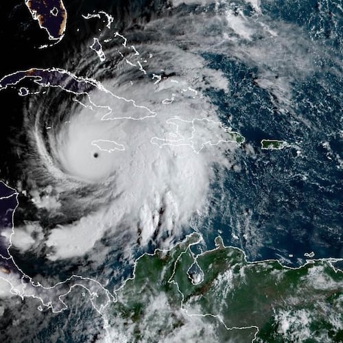 This satellite image provided by the National Oceanographic and Atmospheric Administration shows Hurricane Melissa, Tuesday, Oct. 28, 2025. (NOAA via AP)