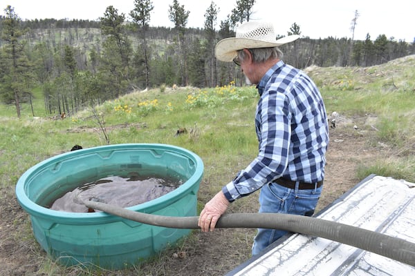 Pat Thiele fills a trough used by his cattle in the Bull Mountains, on May 21, 2025, near Roundup, Montana. (AP Photo/Matthew Brown)