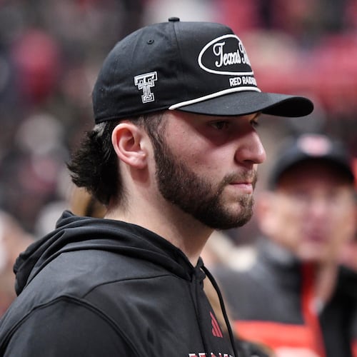 FILE - Cincinnati transfer and future Texas Tech quarterback Brendan Sorsby attends an NCAA college basketball game between Texas Tech and Houston, Jan. 24, 2026, in Lubbock, Texas. (AP Photo/Annie Rice, File)