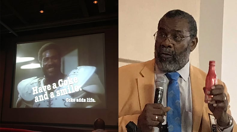 The "Mean" Joe Greene Coke ad is part of the ad documentary playing at the World of Coke. "Mean" Joe Greene himself showed up to talk about his legacy at the World of Coke on Friday, February 1, 2019 during Super Bowl weekend. CREDIT: Rodney Ho/rho@ajc.com