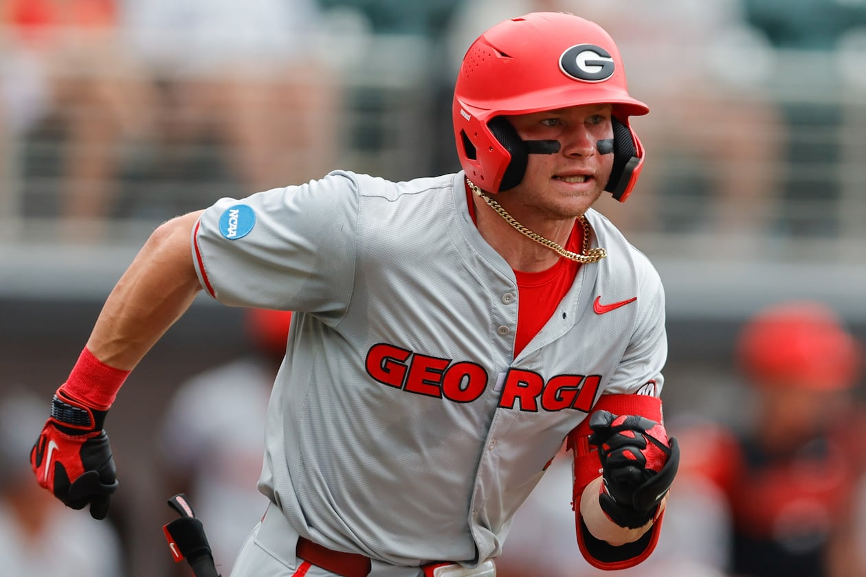 FILE - Georgia's Daniel Jackson (3) runs to first base during an NCAA super regional baseball game against Mississippi State on June 7, 2026 in Athens, Ga. (AP Photo/Stew Milne, File)