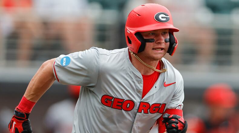 FILE - Georgia's Daniel Jackson (3) runs to first base during an NCAA super regional baseball game against Mississippi State on June 7, 2026 in Athens, Ga. (AP Photo/Stew Milne, File)