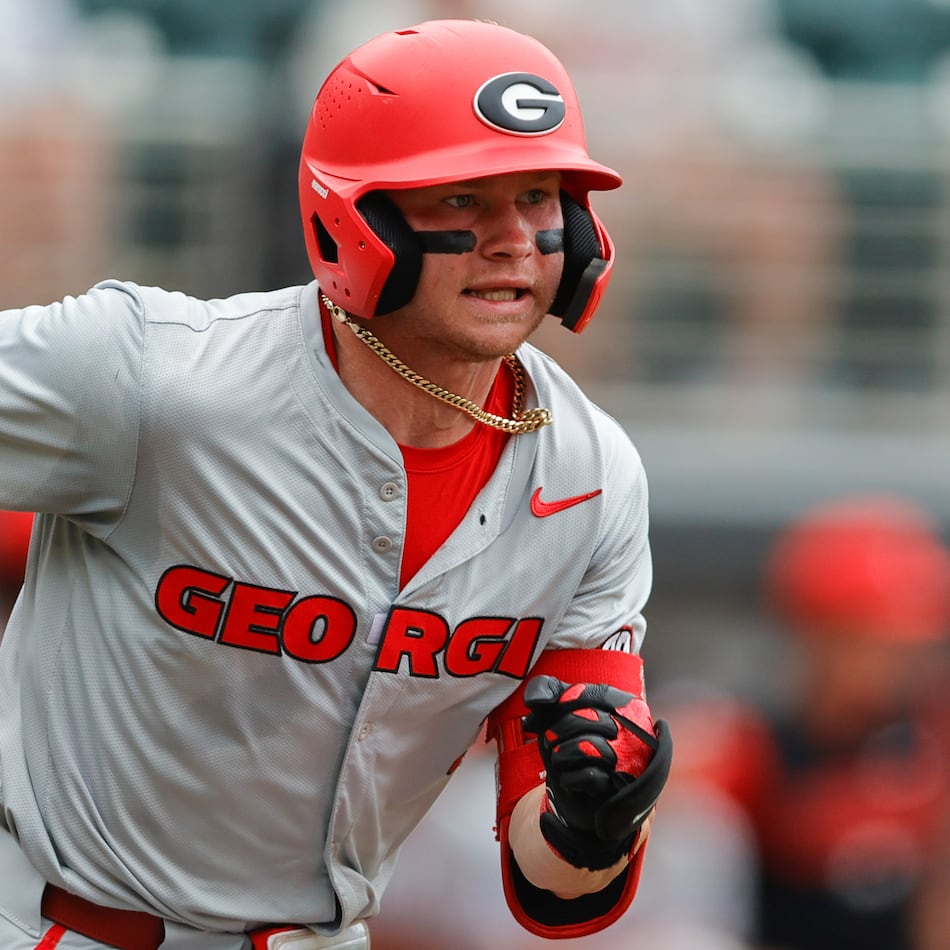 Georgia's Daniel Jackson runs to first base during an NCAA super regional game against Mississippi State on June 7, 2026 in Athens, Ga. He was named national player of the year this season. (Stew Milne/AP)