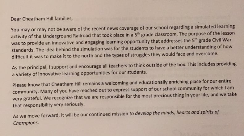 Parents at Cheatham Hill Elementary received this letter today on the controversy around an activity to teach kids about slavery.
