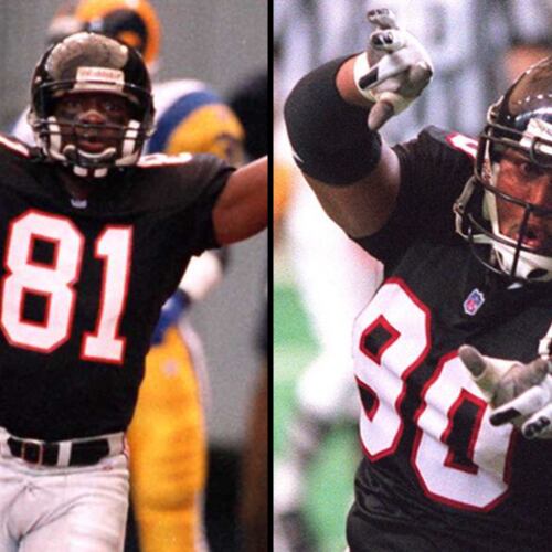 Terance Mathis (left) and Chuck Smith were key players on the Falcons' 1999 Super Bowl team. Mathis had 1,136 yards receiving. Smith had 8½ sacks. Mathis, of Redan, and Smith, of Clarke Central, will be 2026 inductees into the Georgia High School Football Hall of Fame. (AJC file photos)