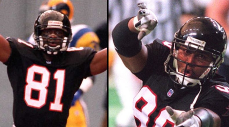 Terance Mathis (left) and Chuck Smith were key players on the Falcons' 1999 Super Bowl team. Mathis had 1,136 yards receiving. Smith had 8½ sacks. Mathis, of Redan, and Smith, of Clarke Central, will be 2026 inductees into the Georgia High School Football Hall of Fame. (AJC file photos)