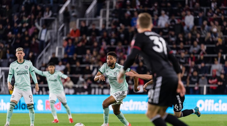 Atlanta United defender George Campbell runs with the ball during a road match against D.C. United. Atlanta United’s centerbacks will face arguably the best in-form striker in MLS on Saturday and he’s a player they know well: Brandon Vazquez. (Photo by Mitchell Martin/Atlanta United)