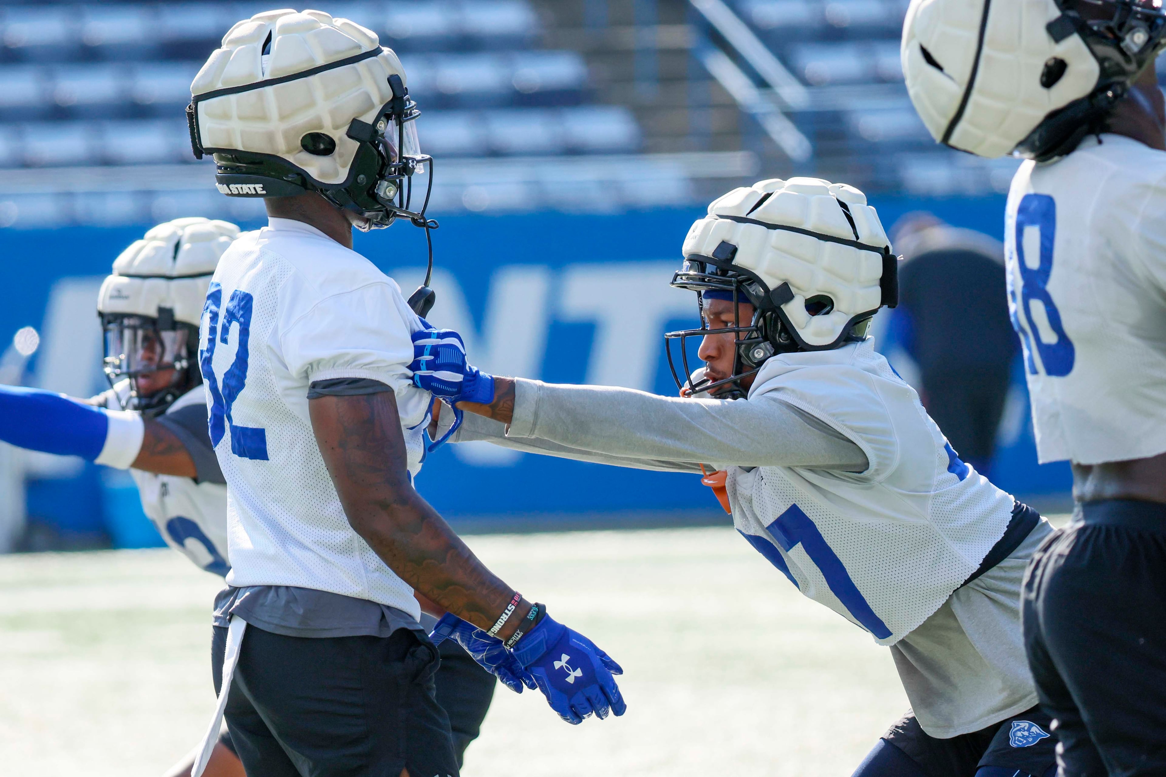 Georgia State University’s players participate during first day of practice at Center Parc Stadium on Thursday, July 31, 2025, in Atlanta.
(Miguel Martinez/ AJC)