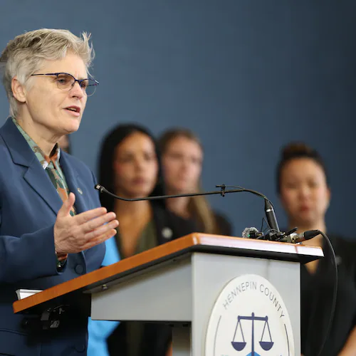 Hennepin County Attorney Mary Moriarty addresses the media at the Hennepin County Government Center in Minneapolis, Monday, July 13, 2026. (Elizabeth Flores/Minnesota Star Tribune via AP)