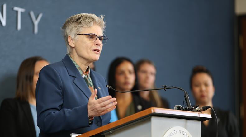 Hennepin County Attorney Mary Moriarty addresses the media at the Hennepin County Government Center in Minneapolis, Monday, July 13, 2026. (Elizabeth Flores/Minnesota Star Tribune via AP)