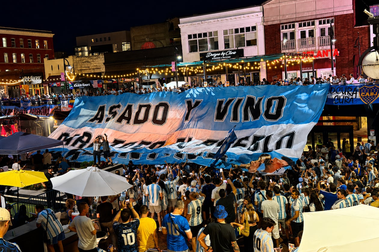 Fans of Argentina's soccer team show their support as the team prepares to take on England Wednesday in a World Cup semifinal in Atlanta. (Courtesy of Access Atlanta)
