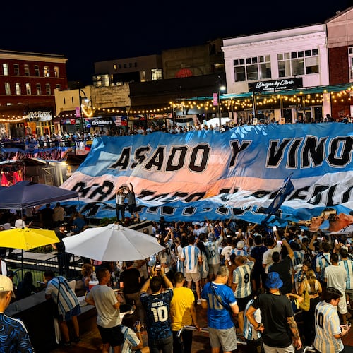 Fans of Argentina's soccer team show their support as the team prepares to take on England Wednesday in a World Cup semifinal in Atlanta. (Courtesy of Access Atlanta)