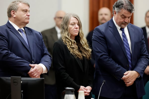 FILE - Lori Vallow Daybell stands and listens as the jury's verdict is read at the Ada County Courthouse in Boise, Idaho on Friday, May 12, 2023. Vallow Daybell faces up to life in prison without parole when she is expected to be sentenced Monday, July 31, in the murders of her two youngest children and a romantic rival. (AP Photo/Kyle Green, File)