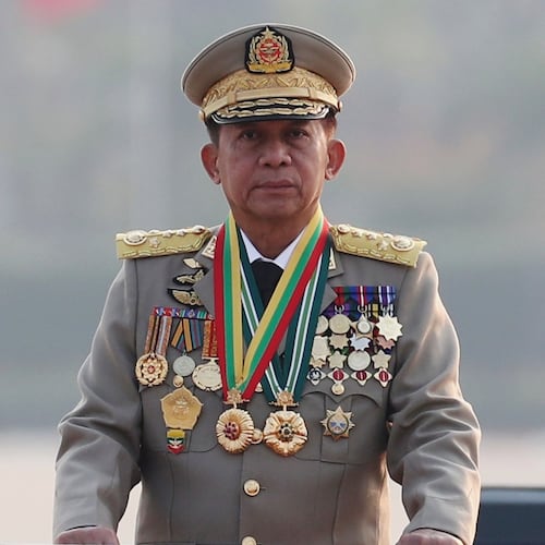 FILE - Senior Gen. Min Aung Hlaing, head of Myanmar's military council, inspects officers during a parade to commemorate Myanmar's 78th Armed Forces Day in Naypyitaw, Myanmar, March 27, 2023. (AP Photo/Aung Shine Oo, File)
