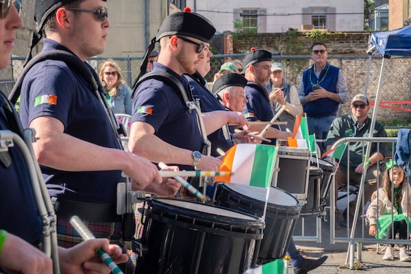 Drummers from the City of Limerick Pipe Band perform during the Savannah St. Patrick’s Day Parade on March 17, 2025, in Savannah. (Justin Taylor for the AJC)