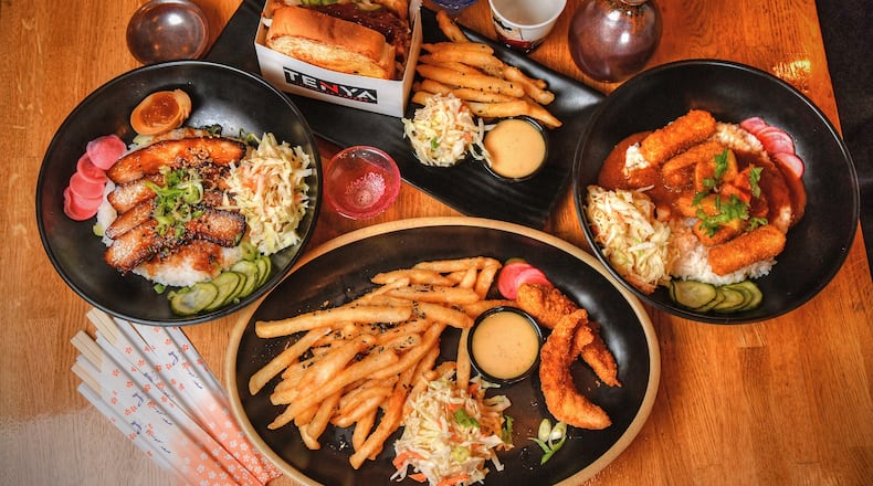 Tenya is a new restaurant in Decatur. The owners consider it "60% Japanese and 40% American.” The menu includes (clockwise from top) Chicken Katsu Sando, Curry Rice Bowl, Tenya Chicken Tenders, and Tenya Rice Bowl with 24-hour Braised Pork Chasyu. (Chris Hunt for The Atlanta Journal-Constitution)