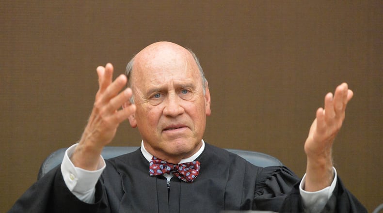 Fulton County Superior Court Judge Jerry Baxter presides over the sentencing Monday. Sentencing of 10 of the 11 defendants convicted of racketeering and other charges in the Atlanta Public Schools test-cheating trial before Judge Jerry Baxter in Fulton County Superior Court, Monday April 13 2015. (Atlanta Journal-Constitution, Kent D. Johnson, Pool)