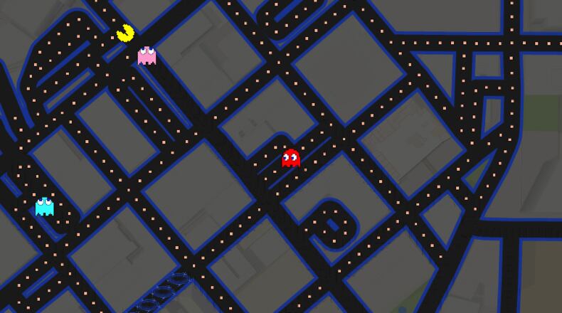 You can now play Pac-Man on Atlanta's streets, courtesy of a Google Maps prank for April Fool's Day. Here, Pac-Man races down Luckie Street with Pinky on his tail. Blinky appears to be stuck in a Fairlie Street parking lot.