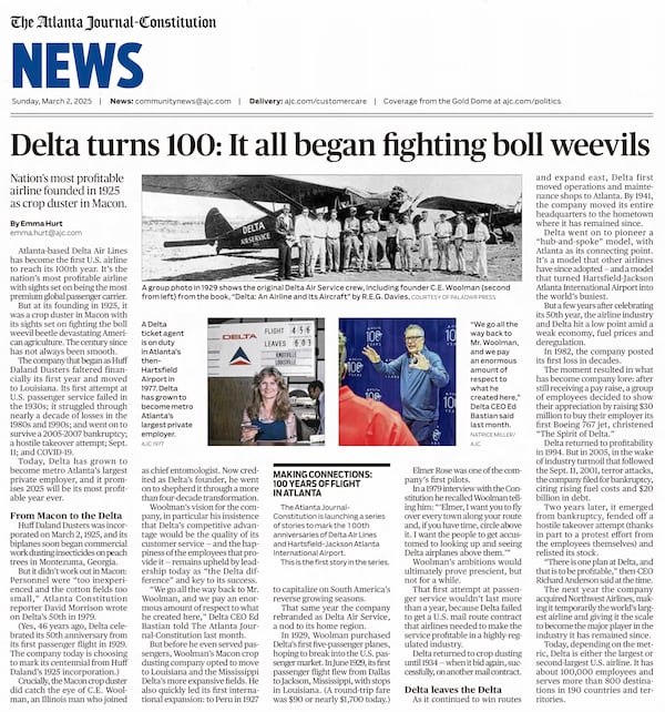 In keeping with its longstanding mandate to cover Atlanta's largest employers, the AJC  publishes a multi-part, multi-media series on the centennial of Delta Air Lines in 2025. (AJC Archives)