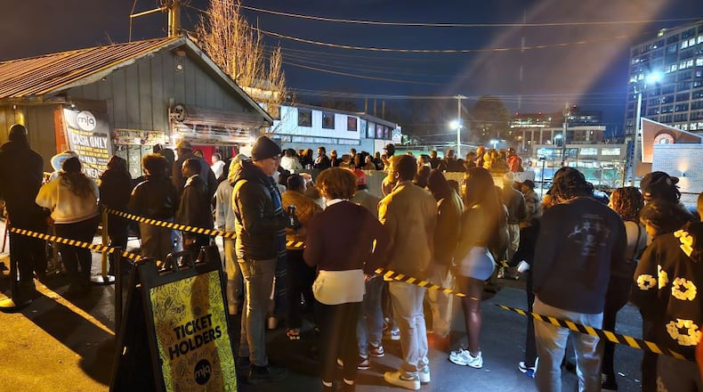 Crowds line up outside of MJQ Concourse for its closing party at Ponce de Leon Avenue on Saturday, Jan. 25, 2025.