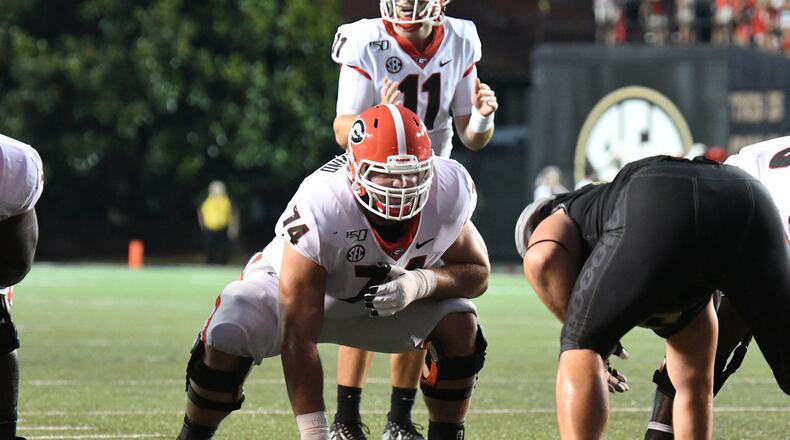 Georgia offensive lineman Ben Cleveland (74) during the Bulldogs' game against the Vanderbilt Commodores at Vanderbilt Stadium in Nashville, Tenn., on Saturday, Aug. 31, 2019. (Photo by Perry McIntyre)