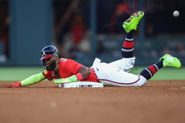 Braves center fielder Michael Harris II steals second base against the Padres last week.