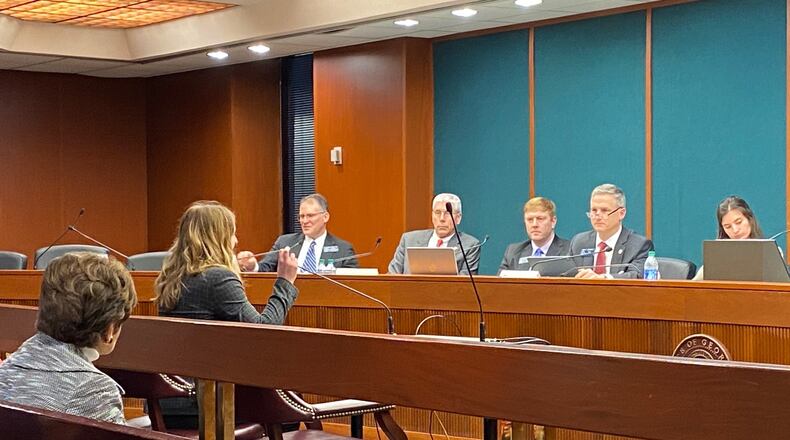 Georgia State University student Lydia Gallo testifies before the Georgia Senate's judiciary committee on Feb. 19, 2020. Gallo was one of several students who spoke in favor of legislation they believe would grant students greater freedom of expression on Georgia's public college campuses. ERIC STIRGUS / ESTIRGUS@AJC.COM.