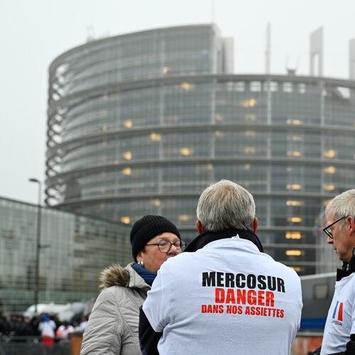 A protestor wears a shirt which reads "Mercosur-danger on our dinner plate" as he participates in a demonstration against the EU-Mercusor trade agreement, outside the European Parliament in Strasbourg, eastern France, Tuesday, Jan. 20, 2026. (AP Photo/Pascal Bastien)