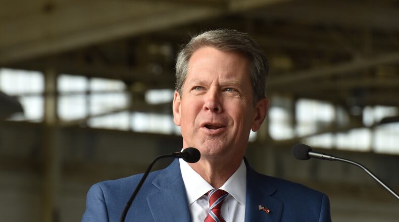 April 24, 2019 Chamblee - Governor Brian Kemp speaks as he starts a statewide tour to mark his first 100 days as Georgia's 83rd Governor at DeKalb-Peachtree Airport on Wednesday, April 24, 2019. Wednesday, April 24th, Governor Brian P. Kemp launched a statewide tour to mark his first 100 days as Georgia's 83rd Governor. HYOSUB SHIN / HSHIN@AJC.COM
