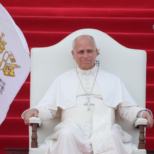 FILE - Pope Leo XIV meets with representatives of the world of culture at the Leon XIV Campus of the National University in Malabo, Equatorial Guinea, Tuesday, April 21, 2026, on the ninth day of his 11-day pastoral visit to Africa. (AP Photo/Andrew Medichini, File)