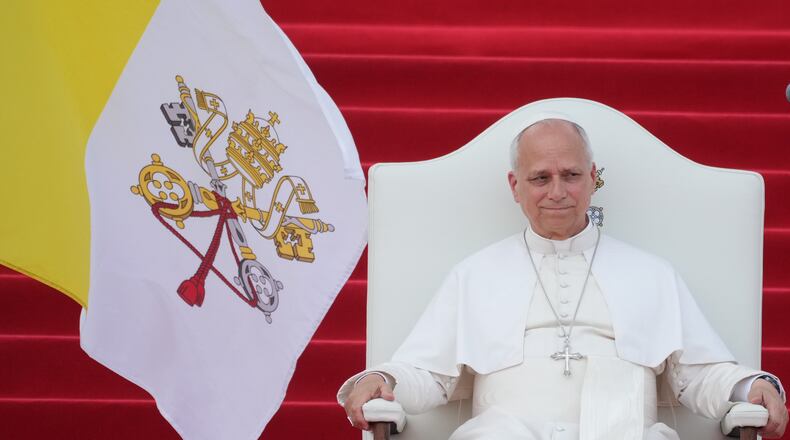 FILE - Pope Leo XIV meets with representatives of the world of culture at the Leon XIV Campus of the National University in Malabo, Equatorial Guinea, Tuesday, April 21, 2026, on the ninth day of his 11-day pastoral visit to Africa. (AP Photo/Andrew Medichini, File)