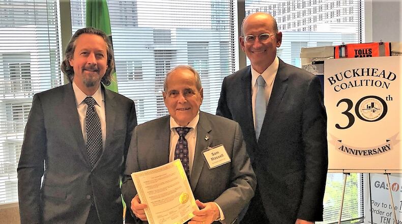 L to R: Midtown Alliance President Kevin Green, Buckhead Coalition President Sam Massell, and Central Atlanta Progress President A.J. Robinson display a resolution saluting Atlanta Mayor Keisha Lance Bottoms’ “One Atlanta” theme, executed at a summit on Downtown, Midtown, and Buckhead common interests, hosted at the Coalition’s office. CONTRIBUTED