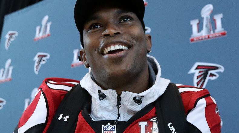 Houston: Falcons wide receiver Julio Jones is all smiles. Curtis Compton/ccompton@ajc.com