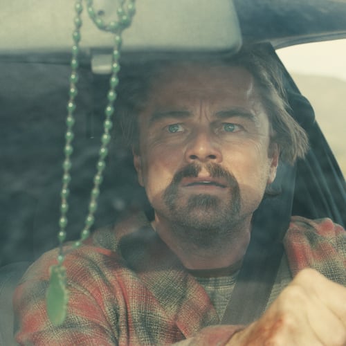 This image released by Warner Bros. Pictures shows Leonardo DiCaprio in a scene from "One Battle After Another." (Warner Bros. Pictures via AP)