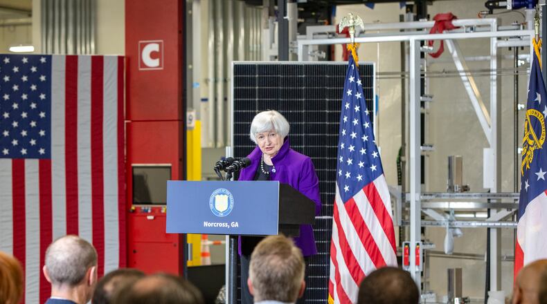 Secretary of the Treasury Janet Yellen touts the Inflation Reduction Act while touring Suniva, a solar cell manufacturing facility, in Norcross on Wednesday, March 27, 2024. The once-shuttered facility is reopening thanks to those tax credits and a favorable solar market. (Jenni Girtman for the AJC 2024)