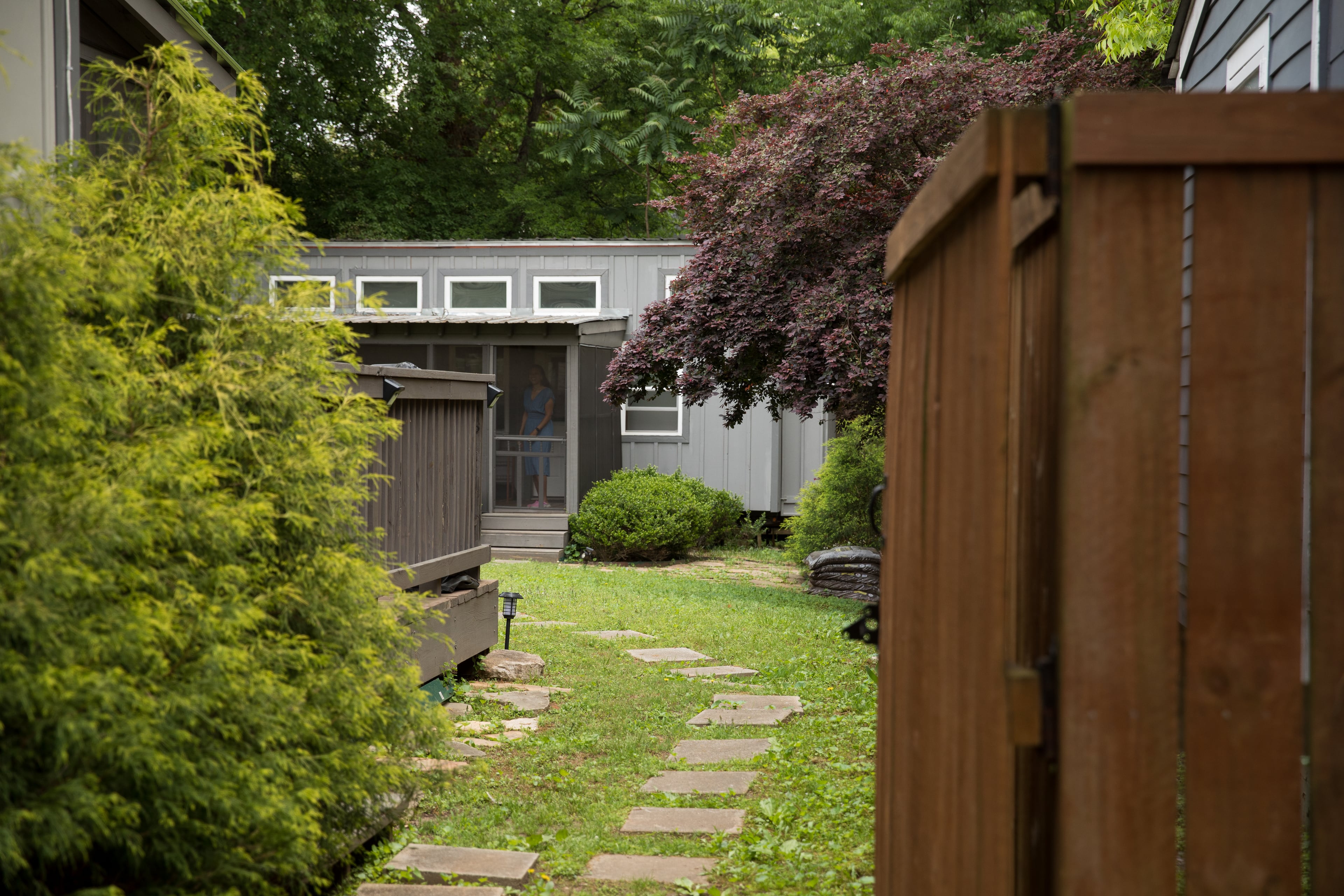 A 300-square-foot tiny home sits in the backyard of Cabbagetown resident Nadia Giordani. (Riley Bunch/AJC)