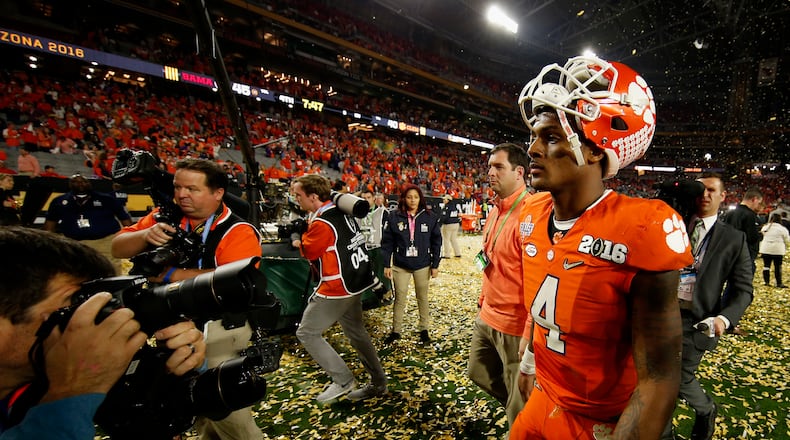 GLENDALE, AZ - JANUARY 11: Deshaun Watson #4 of the Clemson Tigers reacts after being defeated by the Alabama Crimson Tide with a score of 45 to 40 in the 2016 College Football Playoff National Championship Game at University of Phoenix Stadium on January 11, 2016 in Glendale, Arizona. (Photo by Sean M. Haffey/Getty Images)
