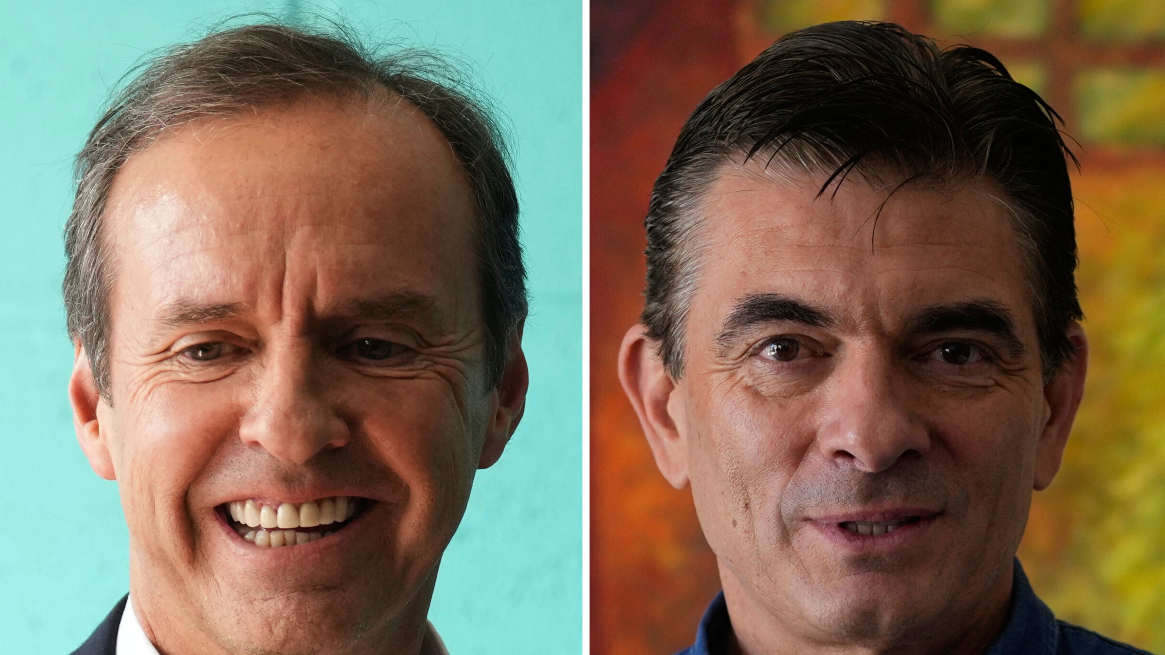 This combo of file photos shows presidential candidates Jorge "Tuto" Quiroga, left, on Aug. 17, 2025 and Rodrigo Paz on Sept. 1, 2025, in La Paz, Bolivia. (AP Photo/File)