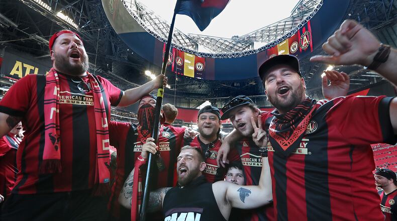 June 2, 2018 Atlanta: The roof of Mercedes-Benz Stadium is open as the "Resurgence" fans cheer on their Atlanta United vs. Philadelphia Union in a MLS soccer match on Saturday, June 2, 2018, in Atlanta.  Curtis Compton/ccompton@ajc.com