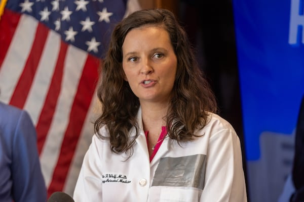Georgia neonatologist Dr. Mattie Wolf speaks at a press conference against President Donald Trump’s “Big Beautiful Bill” in Atlanta on Friday, June 20, 2025. (Arvin Temkar/AJC)