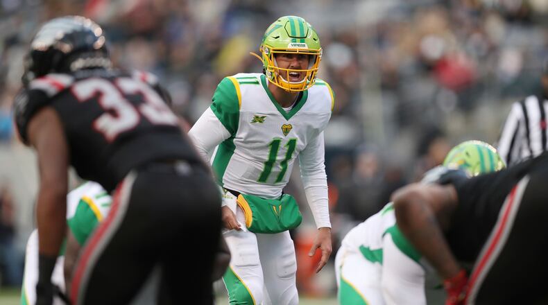 Tampa Bay Vipers quarterback Aaron Murray (11) calls out before the ball is snapped during an XFL game against the New York Guardians, Sunday, Feb. 9, 2020, in East Rutherford, N.J. The New York Guardians won 23-3.