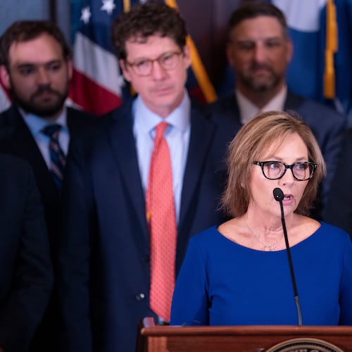 Newly appointed U.S. interim Senator, Darline Graham Nordone speaks to members of the press after being appointed to fill the vacancy created by the passing of her brother, U.S. Senator Lindsey Graham, at the statehouse Monday, July 13, 2026, in Columbia, S.C. (AP Photo/Sean Rayford)