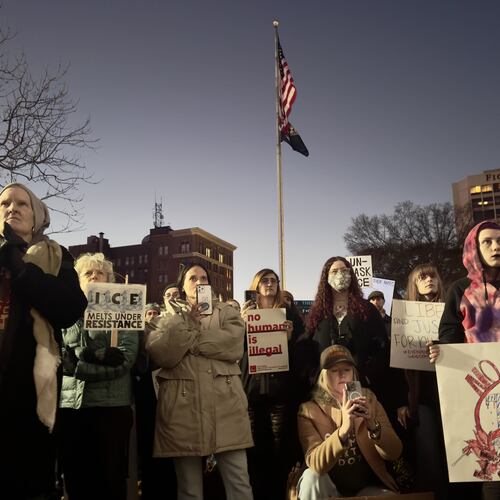 Some of the 600 or so ICE protesters at a rally outside the federal courthouse in downtown Macon on Wednesday. (Joe Kovac Jr./AJC)