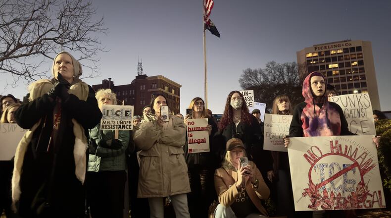 Some of the 600 or so ICE protesters at a rally outside the federal courthouse in downtown Macon on Wednesday. (Joe Kovac Jr./AJC)