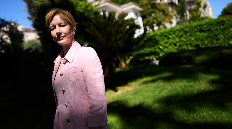 Sandra Hüller poses for portrait photographs for the film 'Fatherland' during the 79th international film festival, Cannes, southern France, Saturday, May 16, 2026. (Photo by Scott A Garfitt/Invision/AP)
