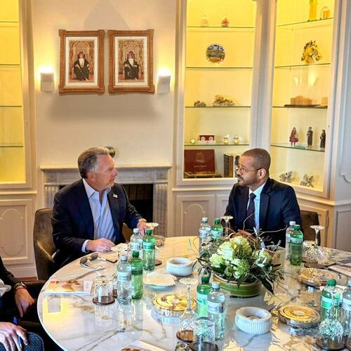 Oman's Minister of Foreign Affairs Sayyid Badr bin Hamad Al Busaidi, right, holds a meeting with White House special envoy Steve Witkoff, centre, and Jared Kushner, as part of the ongoing Iranian-American negotiations, in Geneva, Switzerland, Thursday Feb. 26, 2026. (Foreign Ministry of Oman via AP)